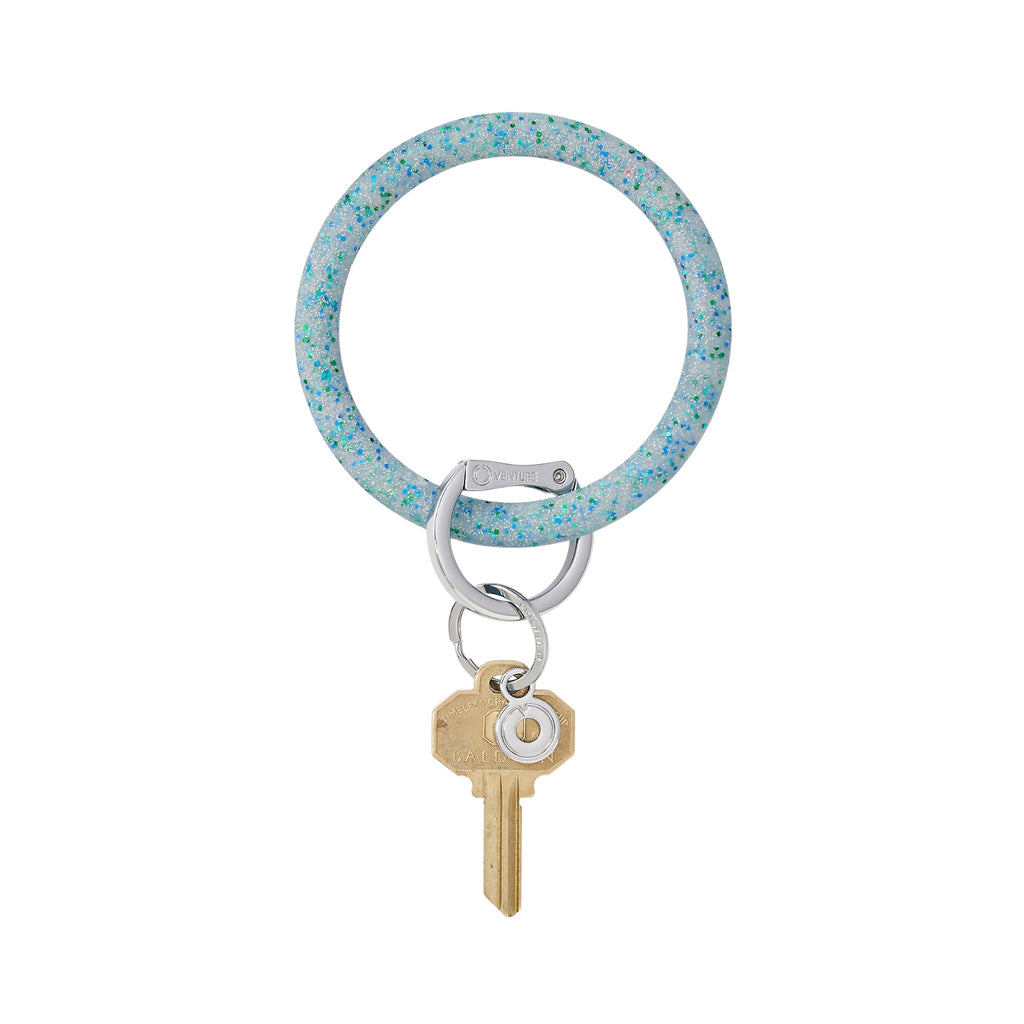 Blue Frost silicone big o keyring which has blue, green and silver sparkles.