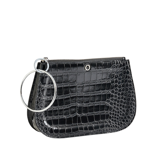 Black Croc-Embossed Leather Bracelet Bag with silver accents