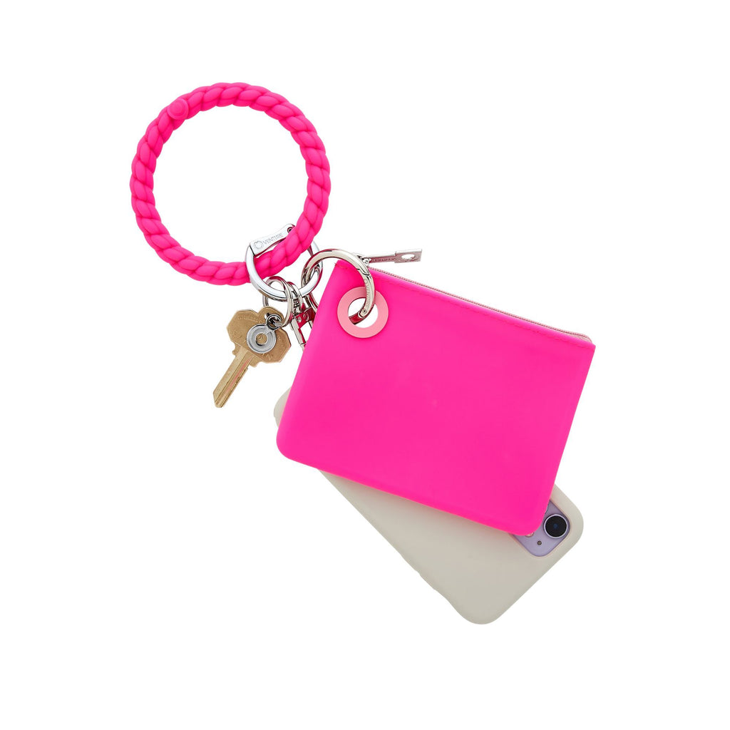 Braided keyring three in one set by Oventure in tickled pink braided silicone.  It is a twisted silicone
