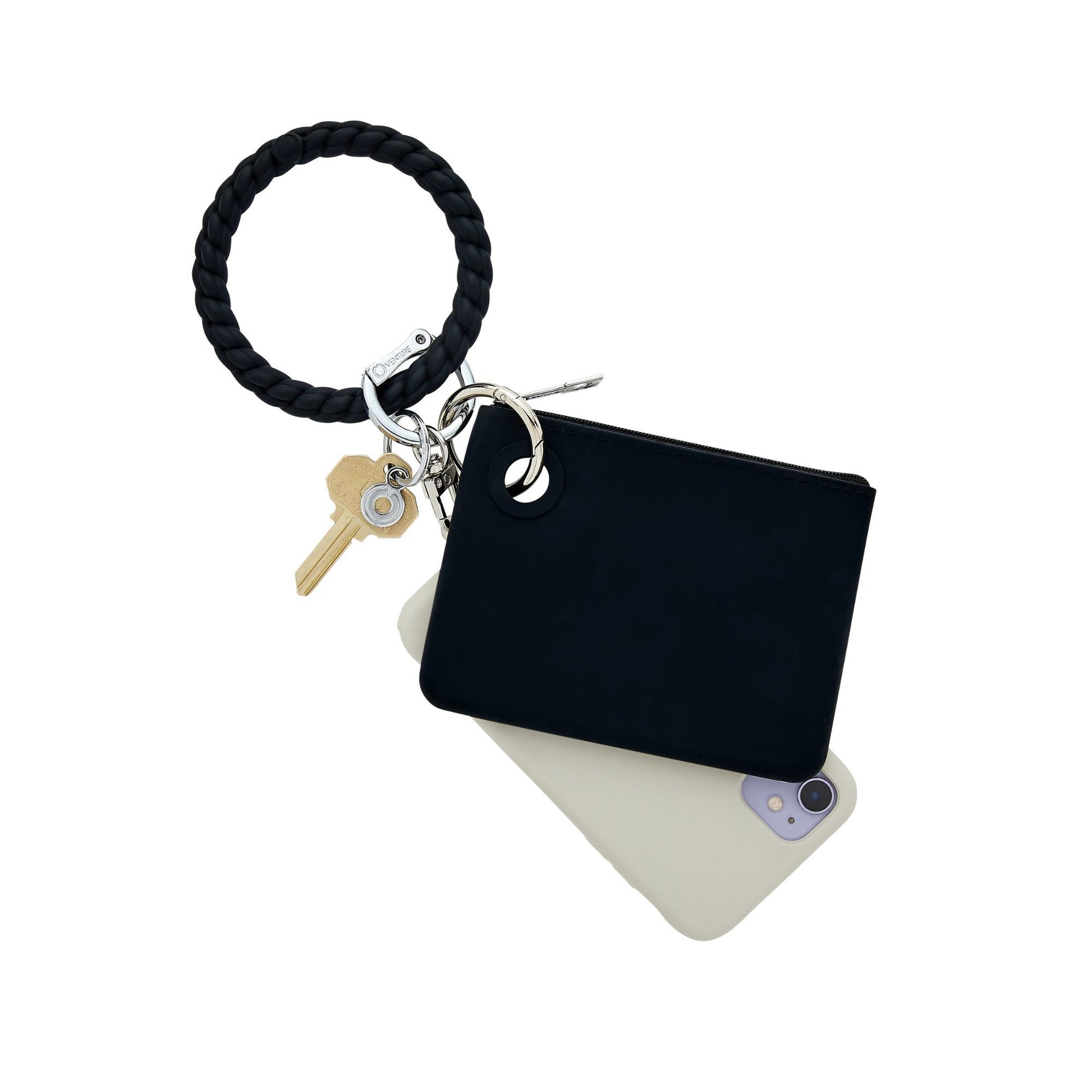 Key ring wallet set in black silicone with phone attached  and keyring wallet attached by carabiner.