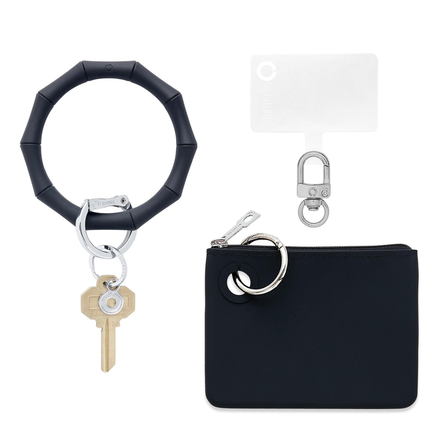 3-in-1 Black Bamboo Silicone Set - This set includes a black bamboo silicone big o key ring and a silicone pouch in black with a hook me up phone connector