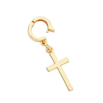 A gold-colored cross charm with a secure huggie closure, designed for attachment to jewelry or accessories.
