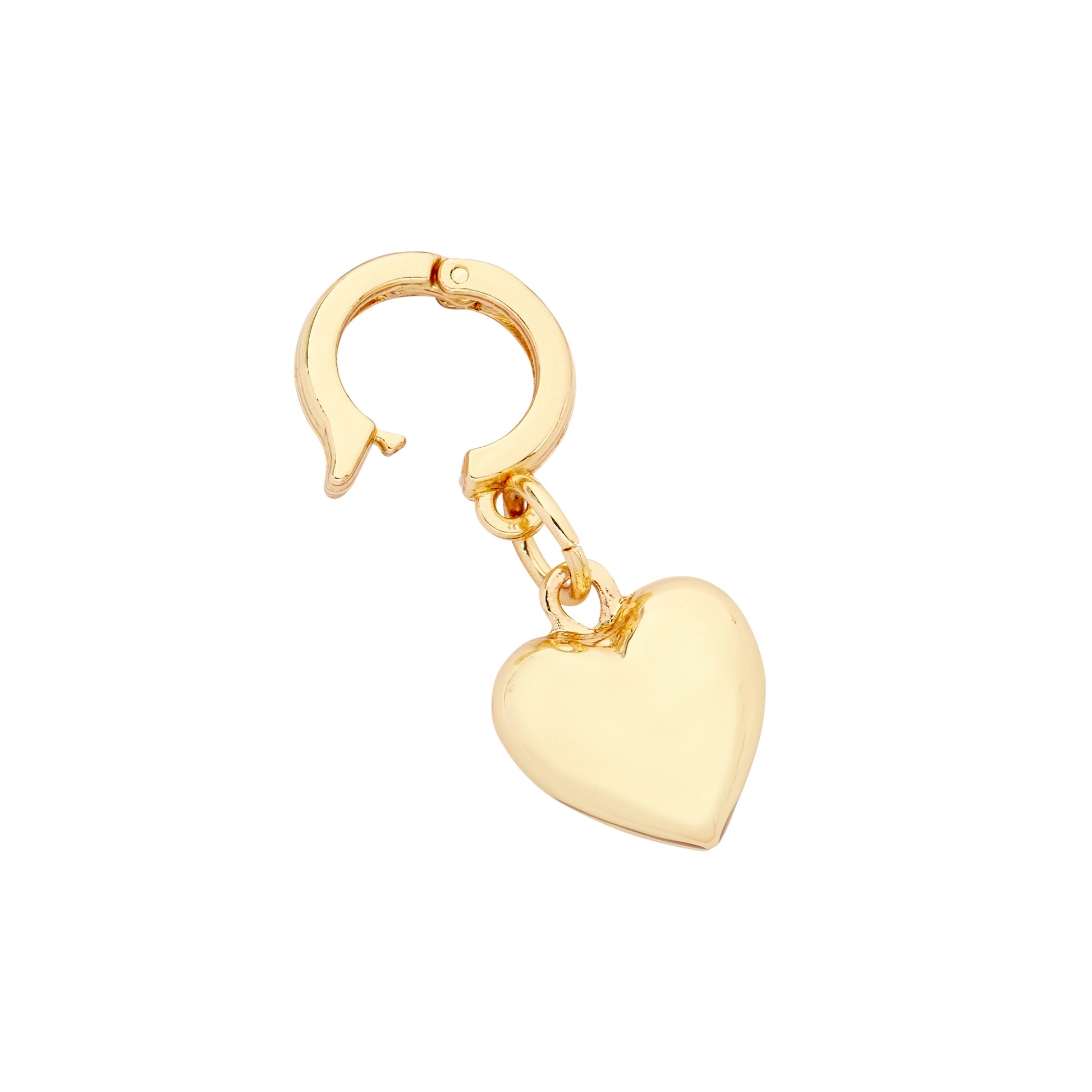 A gold heart-shaped charm with a huggie-style closure.