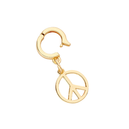 A gold-colored charm in the shape of a peace sign with a secure huggie closure, designed for use with jewelry such as bracelets and wristlets.