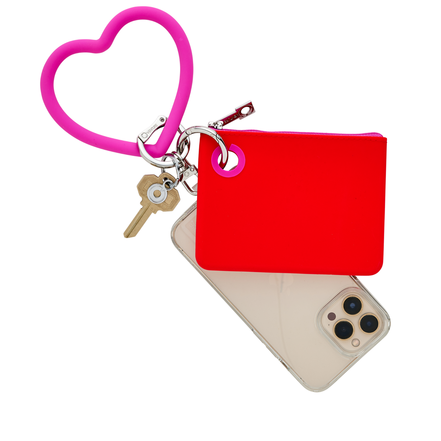 A vibrant red water-resistant Mini Pouch shown with heart bracelet keyring in pink.