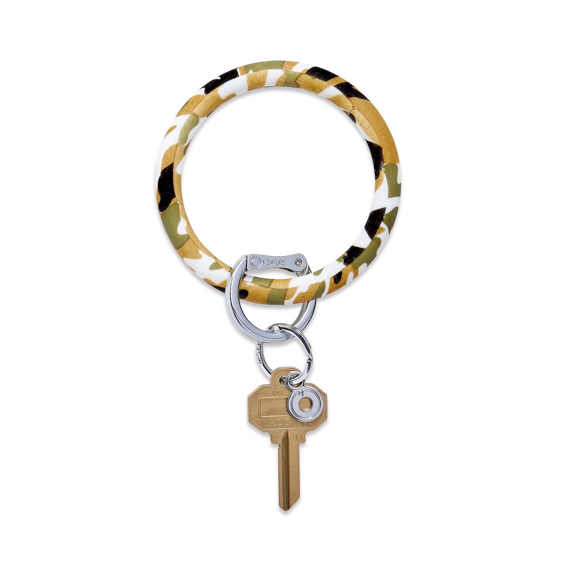 Camo - Silicone Big O Key Ring by Oventure. Shown with a gold key it shows the back side of the print