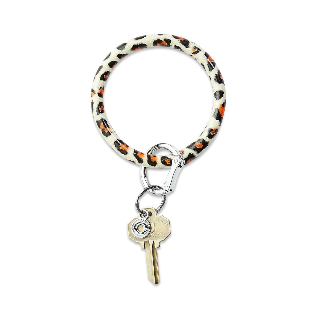 Cheetah Print Leather Big O Key Ring with silver locking clasp