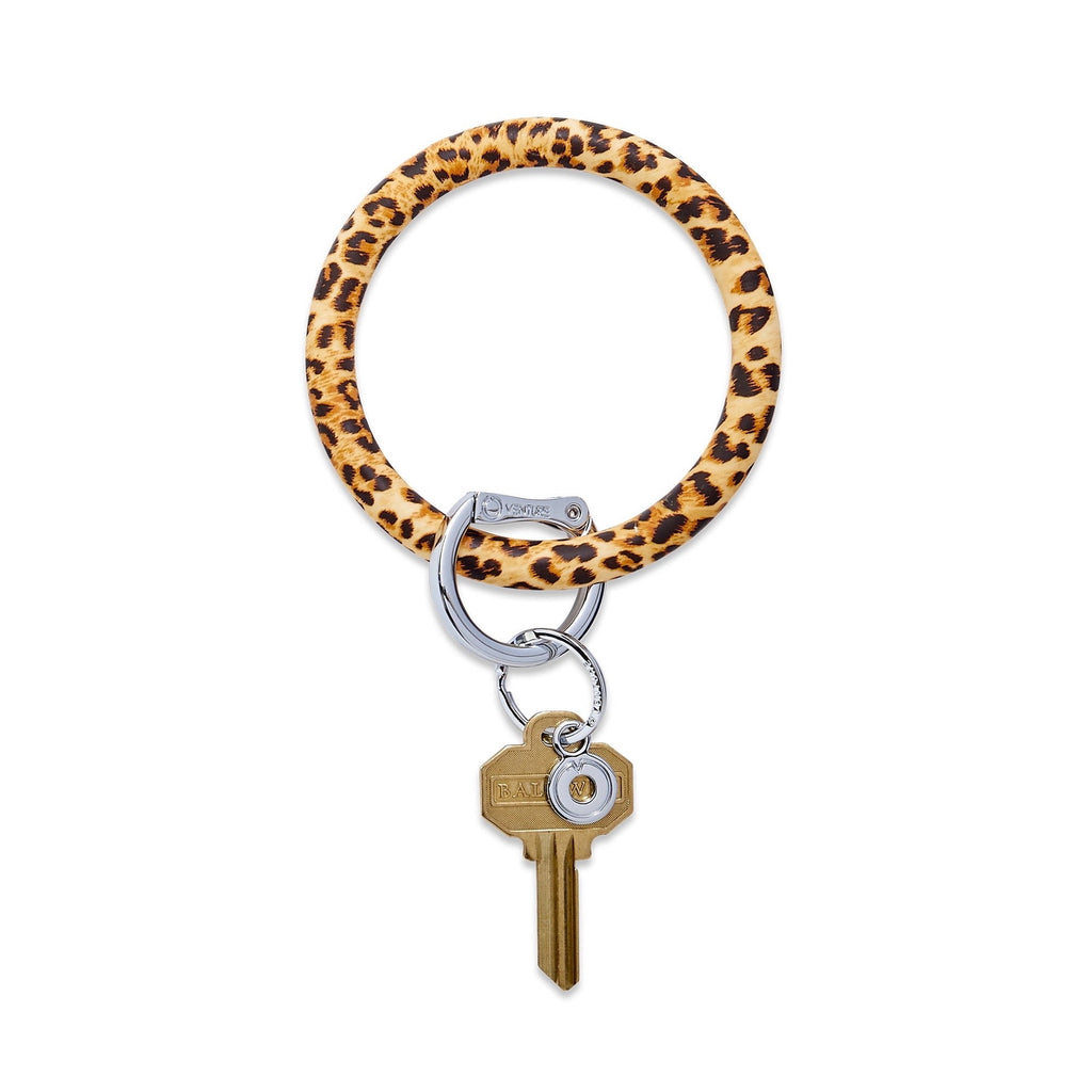 Cheetah Printed Silicone Big O Key Ring with key hanging from it.  Silver Oventure locking clasp.