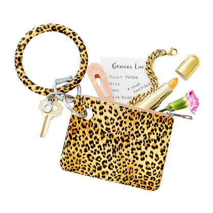 Cheetah - Silicone Big O Key Ring - Oventure with mini silicone wallet attached holding lipstick, and hair clip.
