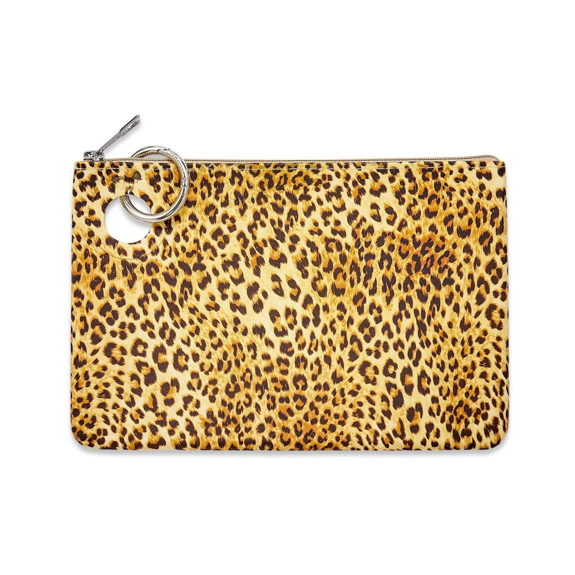 Large Silicone Pouch in Cheetah Print Silicone with a silver carabiner.