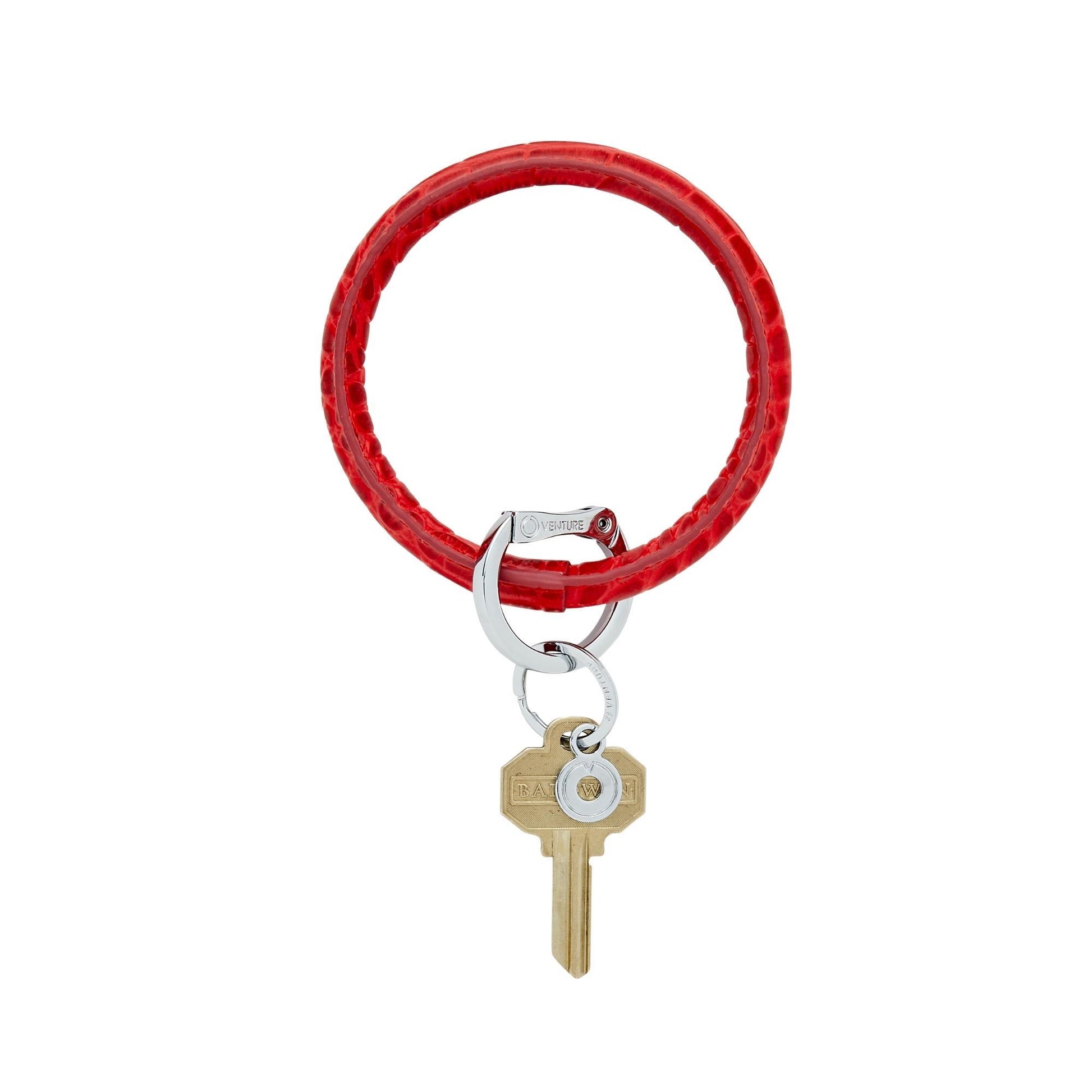 Cherry On Top Croc Embossed Leather Big O Key Ring which is shiny red with silver Oventure locking clasp
