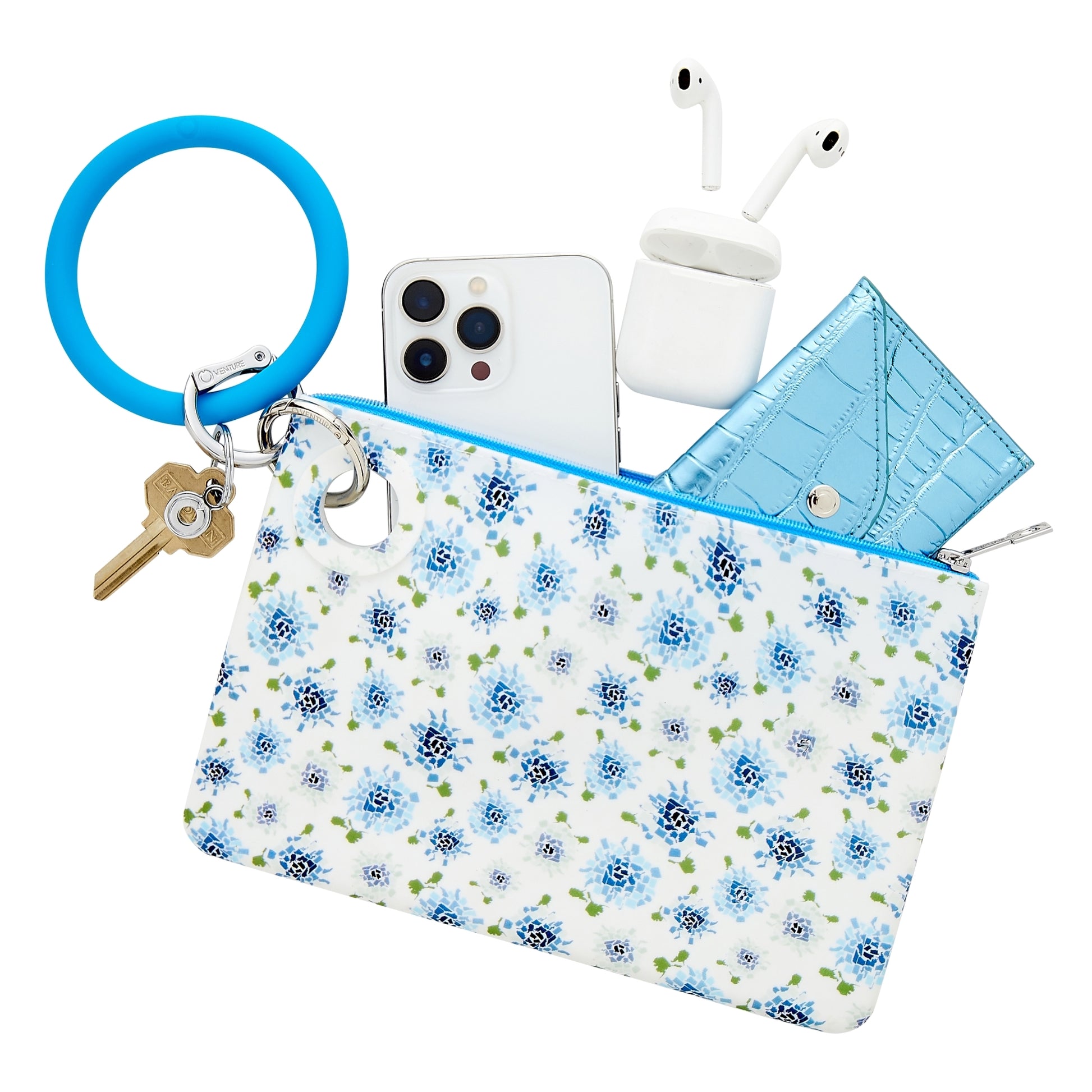 Fifty States Blue - Large Silicone Pouch - Oventure attached to the peacock silicone Big O Key Ring. The pouch holds air pods, a mini envelope wallet and an iPhone