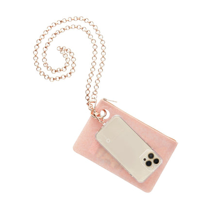 Large silicone pouch in rose gold confetti attached to rose gold crossbody chain