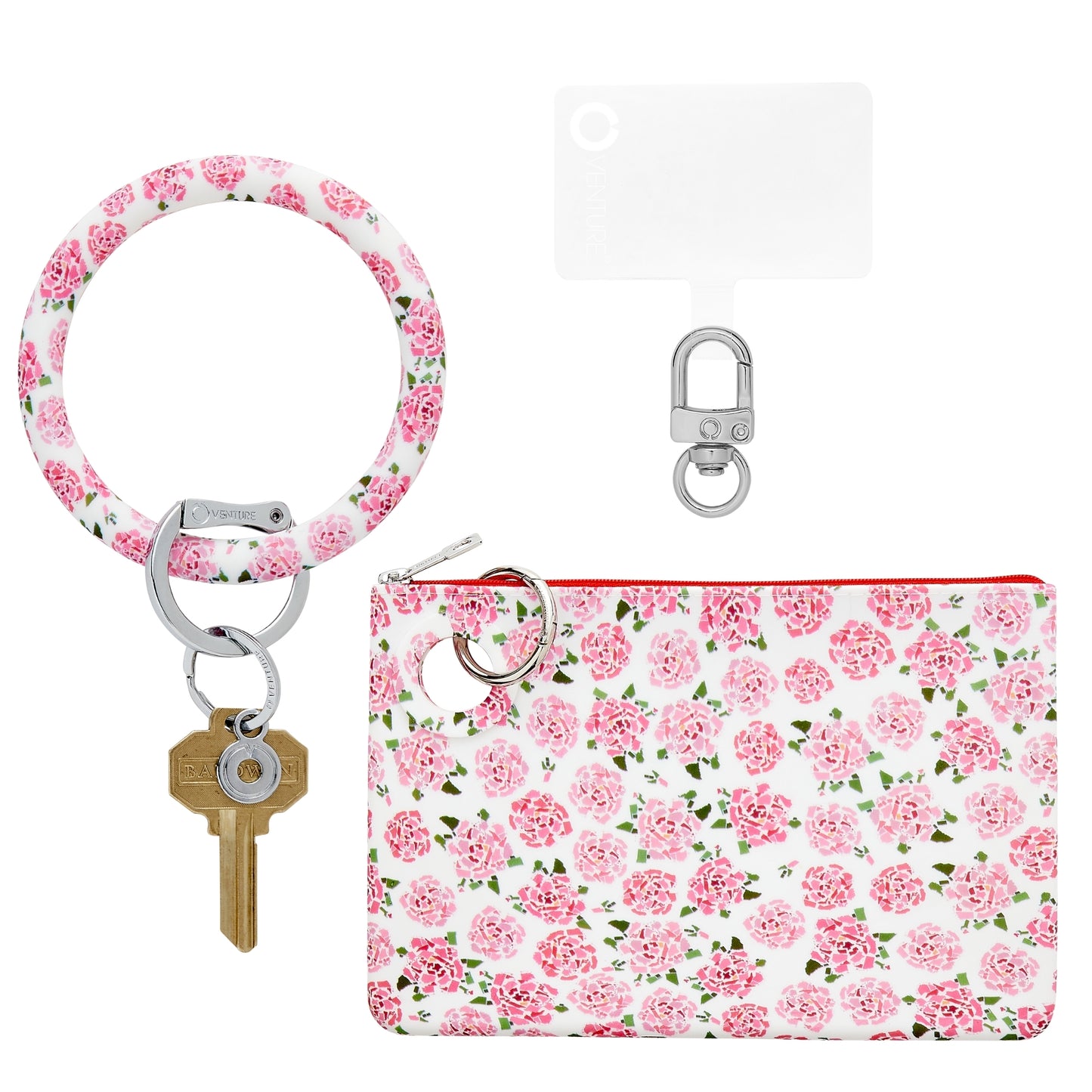 Stylish Large Pouch Wristlet with Phone Holder in pink peony floral print.