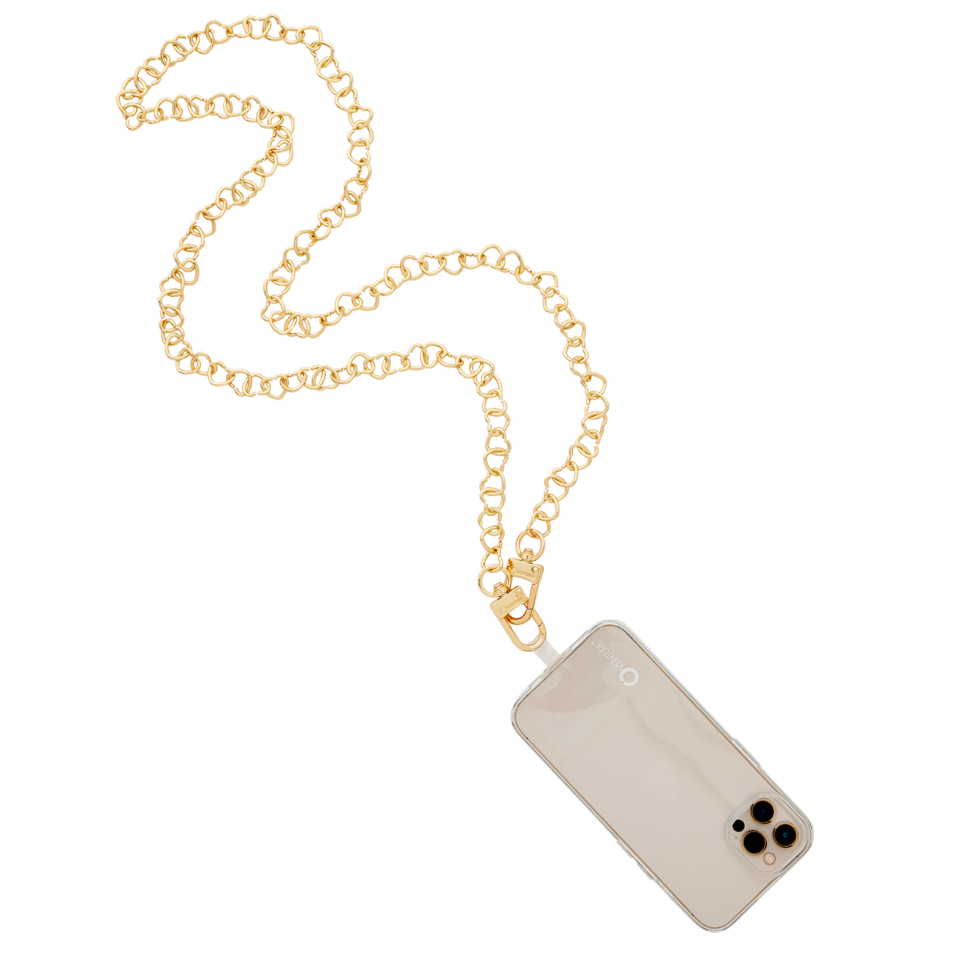 Chic Gold Heart Crossbody Chain with phone connector.