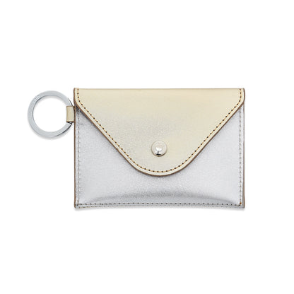 Leather mini envelope with gold flap and back with silver front with silver hardware