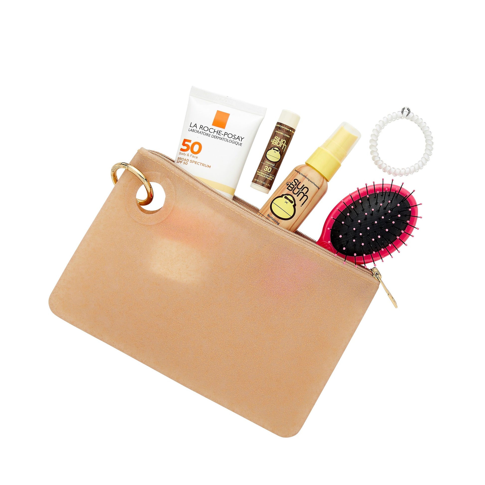 Large gold confetti silicone pouch filled with essentials like hair brush, sunscreen and chapstick by Oventure