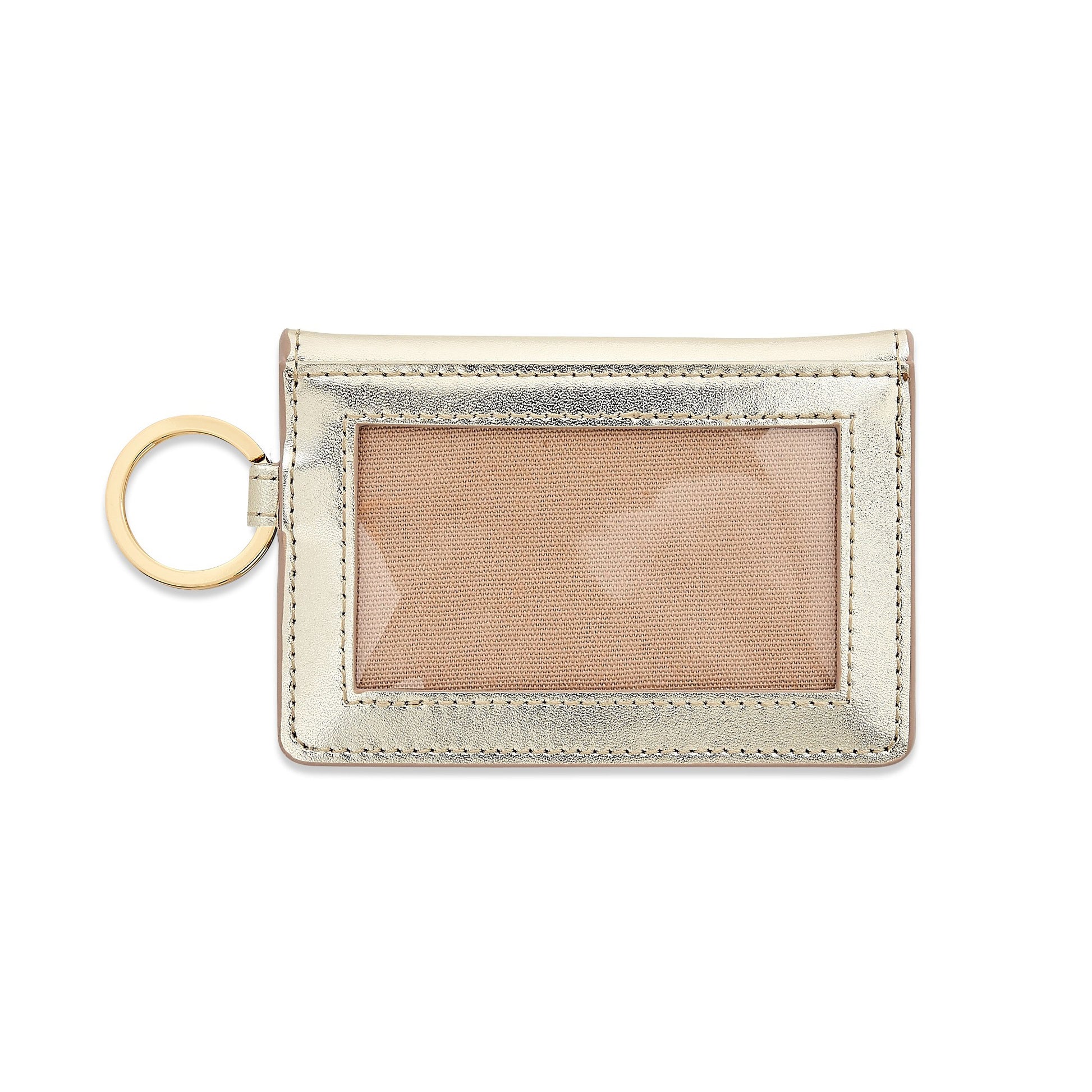 Gold leather bifold Keychain Wallet with compartments showing back side with clear window for id