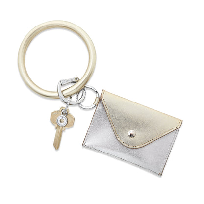 Stylish leather keychain wallet in mini envelope design shown with O Venture keychain.