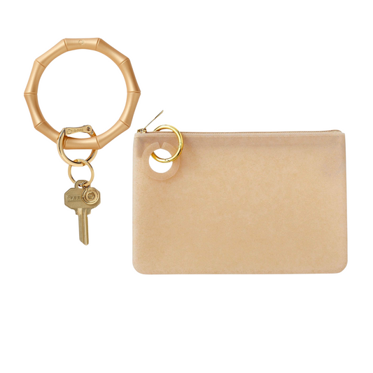 Gold bamboo Big O Key Ring and Gold Glitter Large Pouch 