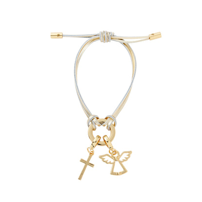 Gold leather adjustable Cord Bracelet with detachable gold charms