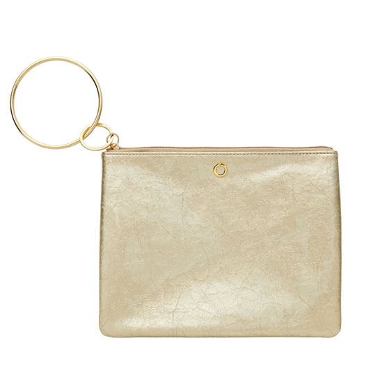 Gold leather clutch bracelet bag for hands-free style.