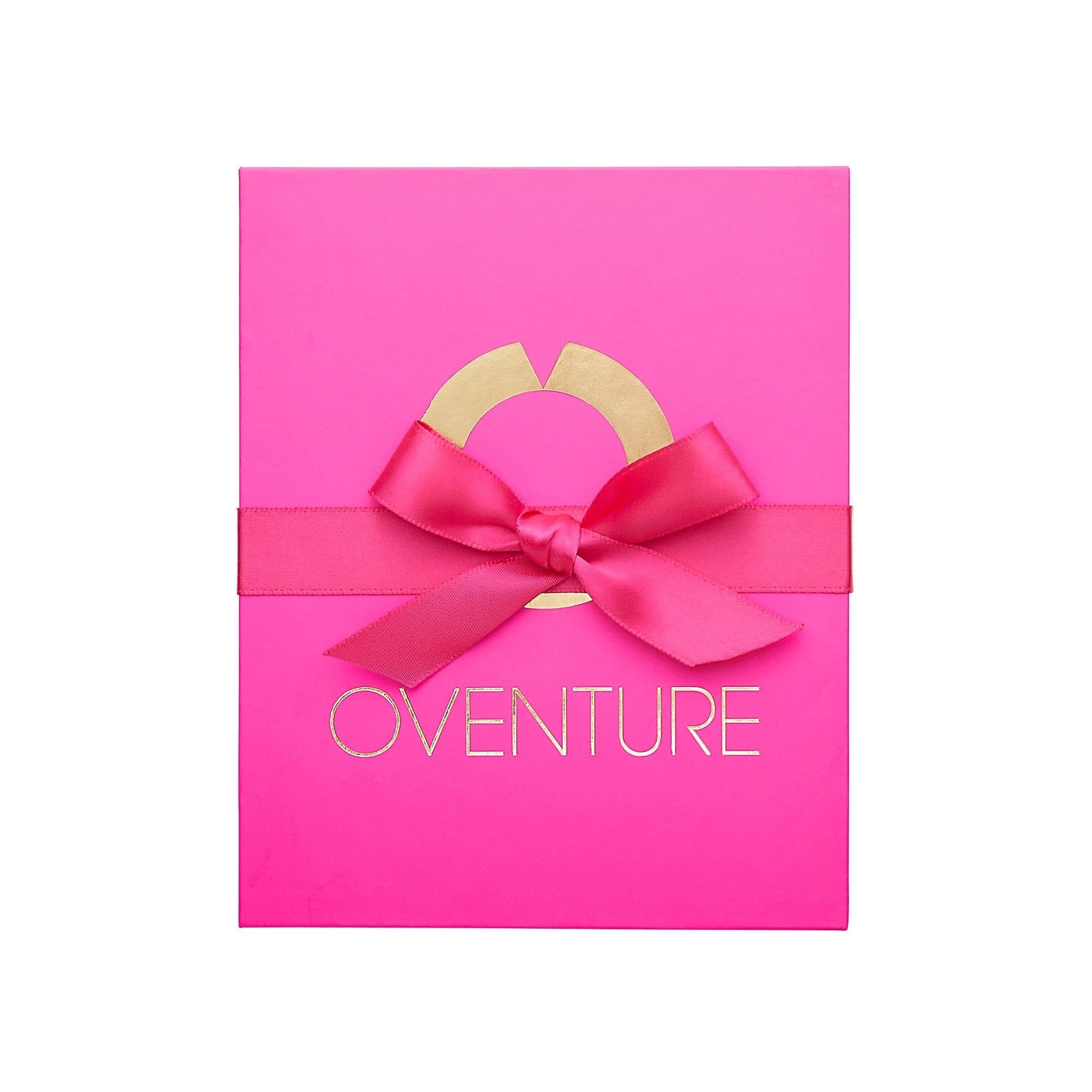 Oventure hot pink gift box with gold logo and matching pink bow for gift giving 