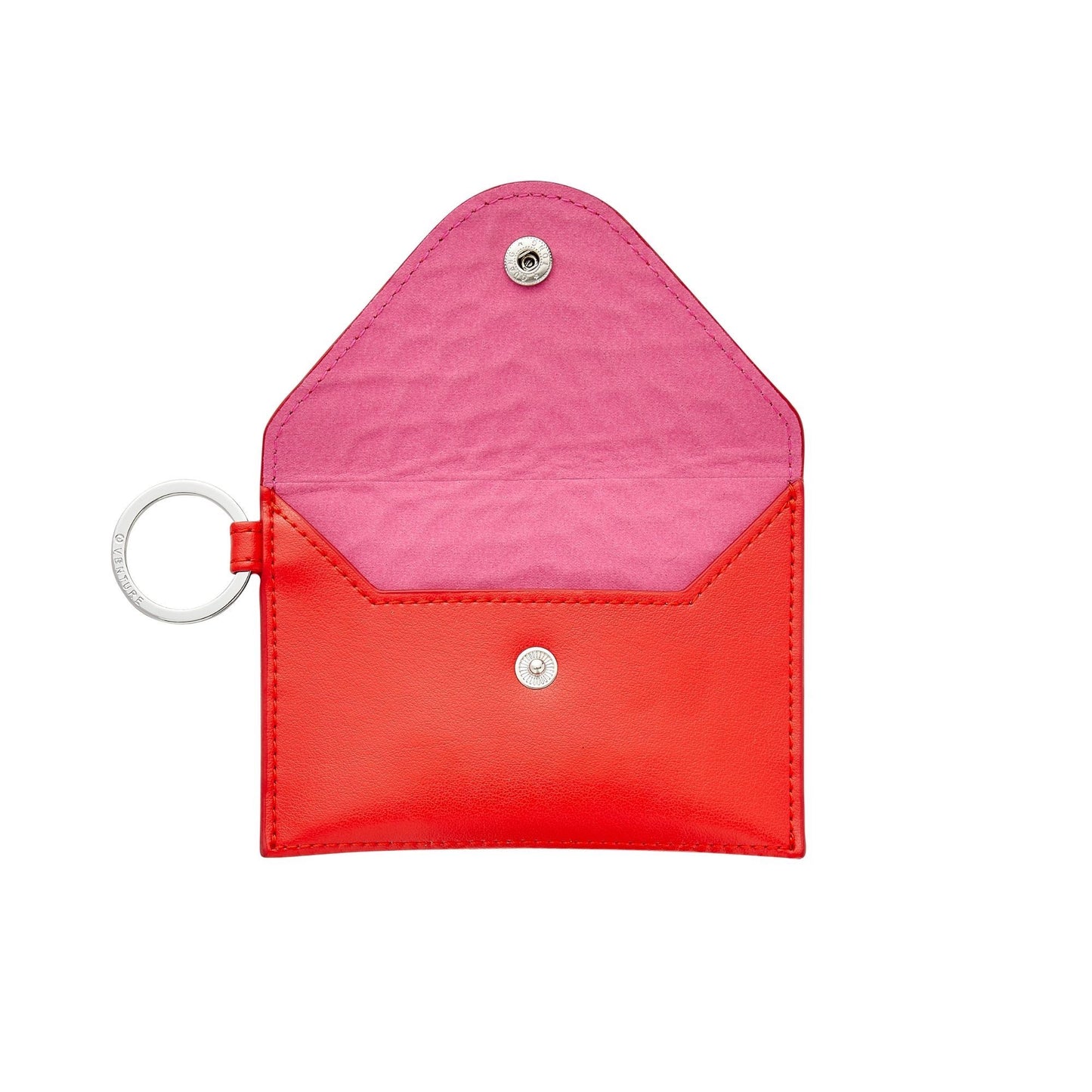 Stylish leather keychain wallet in mini envelope design with hot pink microfiber liner shown inside