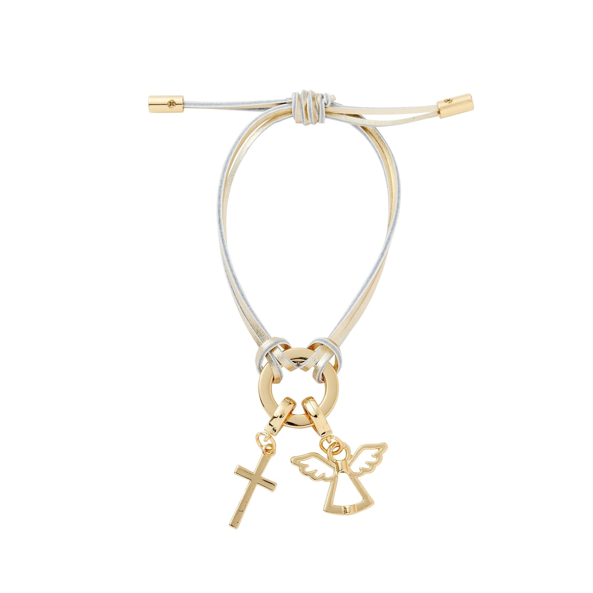 Gold bracelet with angel and cross charms on a white background