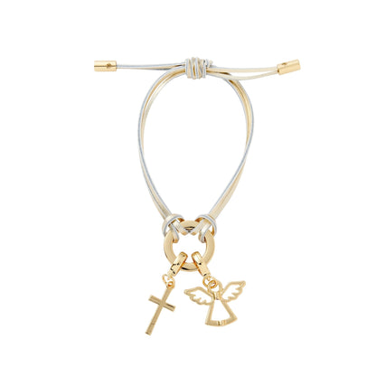 Gold bracelet with angel and cross charms on a white background