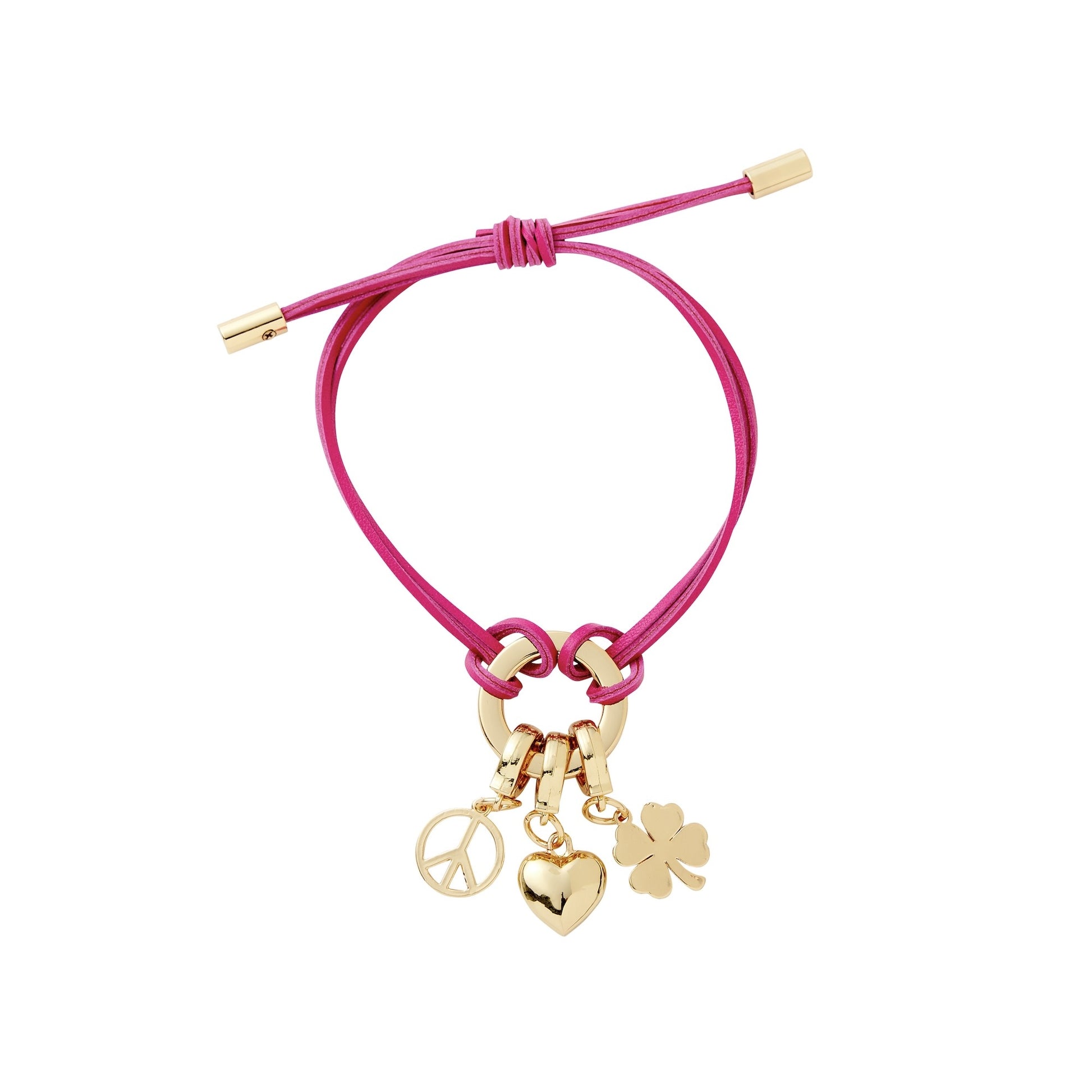 pink leather cord bracelet with gold charms 