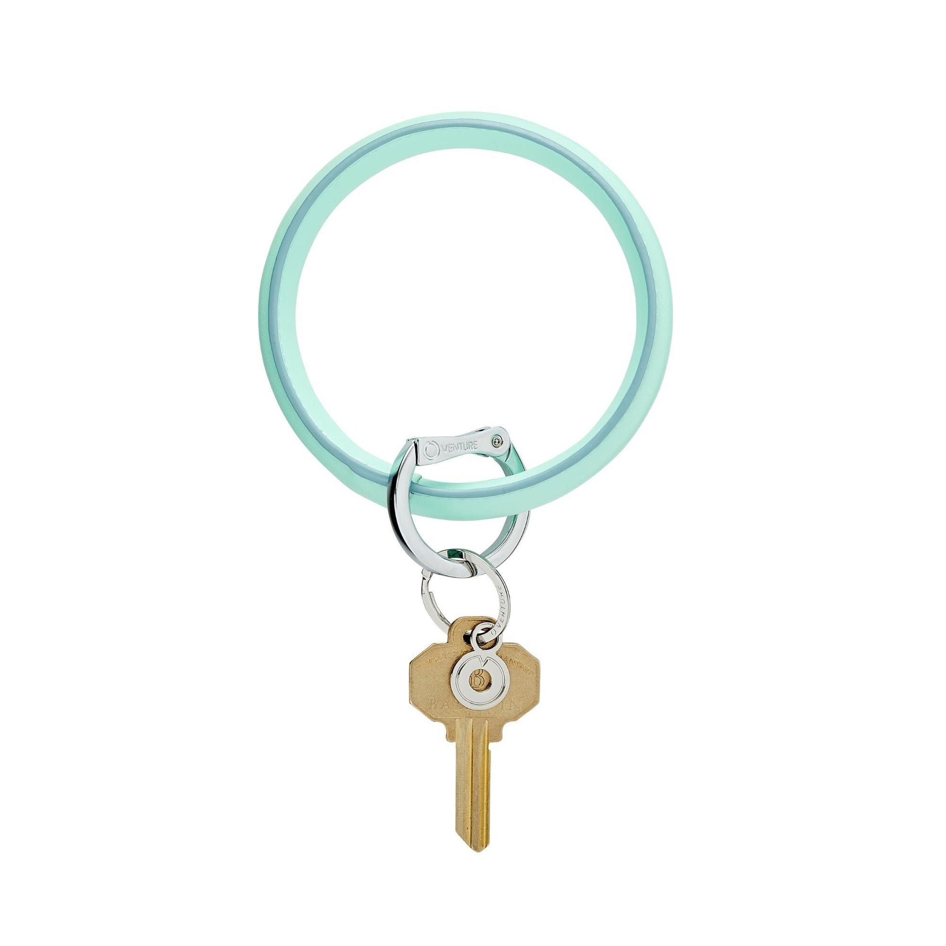 Mint green leather big O key ring with silver locking clasp showing the back seam