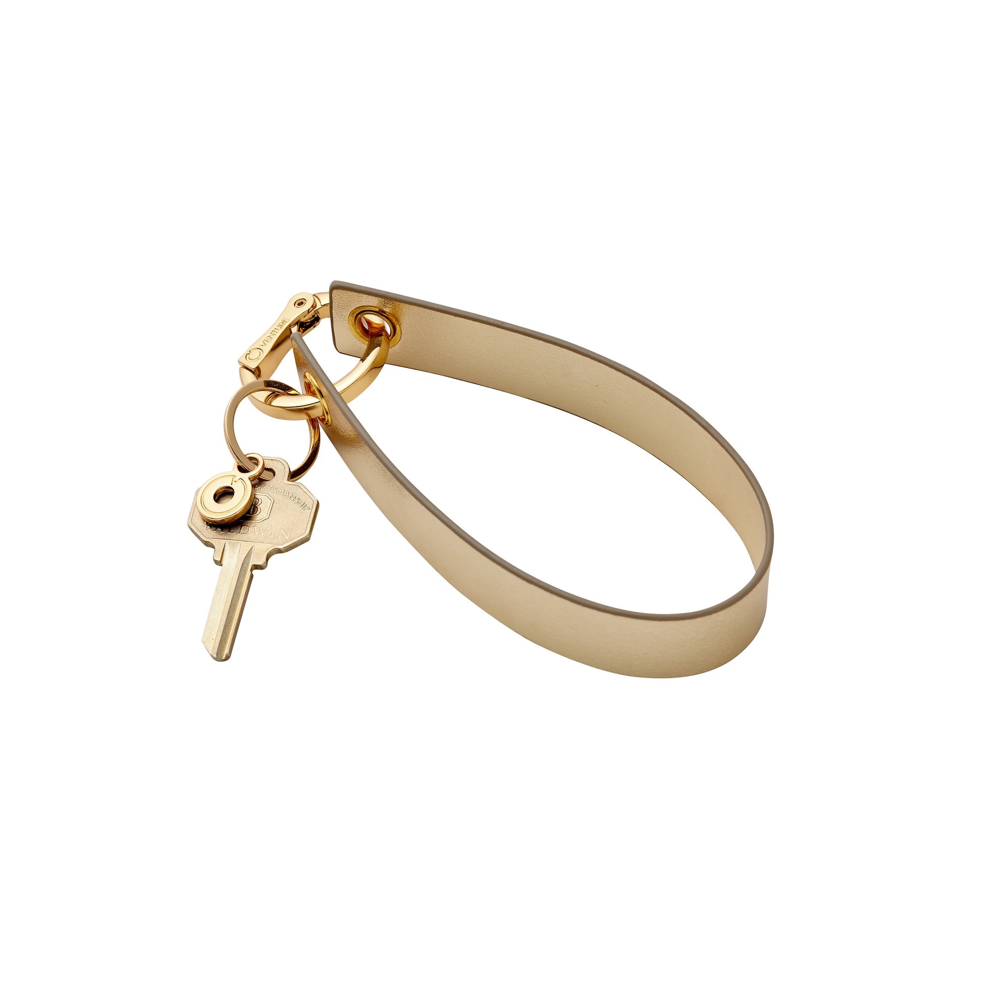 Stylish gold leather wristlet keychain accessory loop.