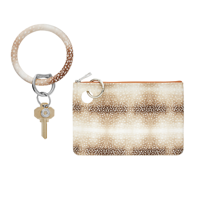 Water-resistant silicone Large Pouch Wristlet for organization on-the-go shown in antelope print.