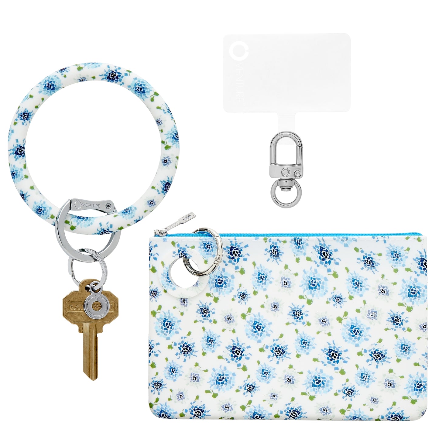Fifty States Blue - Large Silicone Pouch and Big O Key Ring Set - Oventure which includes a Big O Key Ring, a large silicone pouch and a phone connector. These all have the blue hydrangea print.