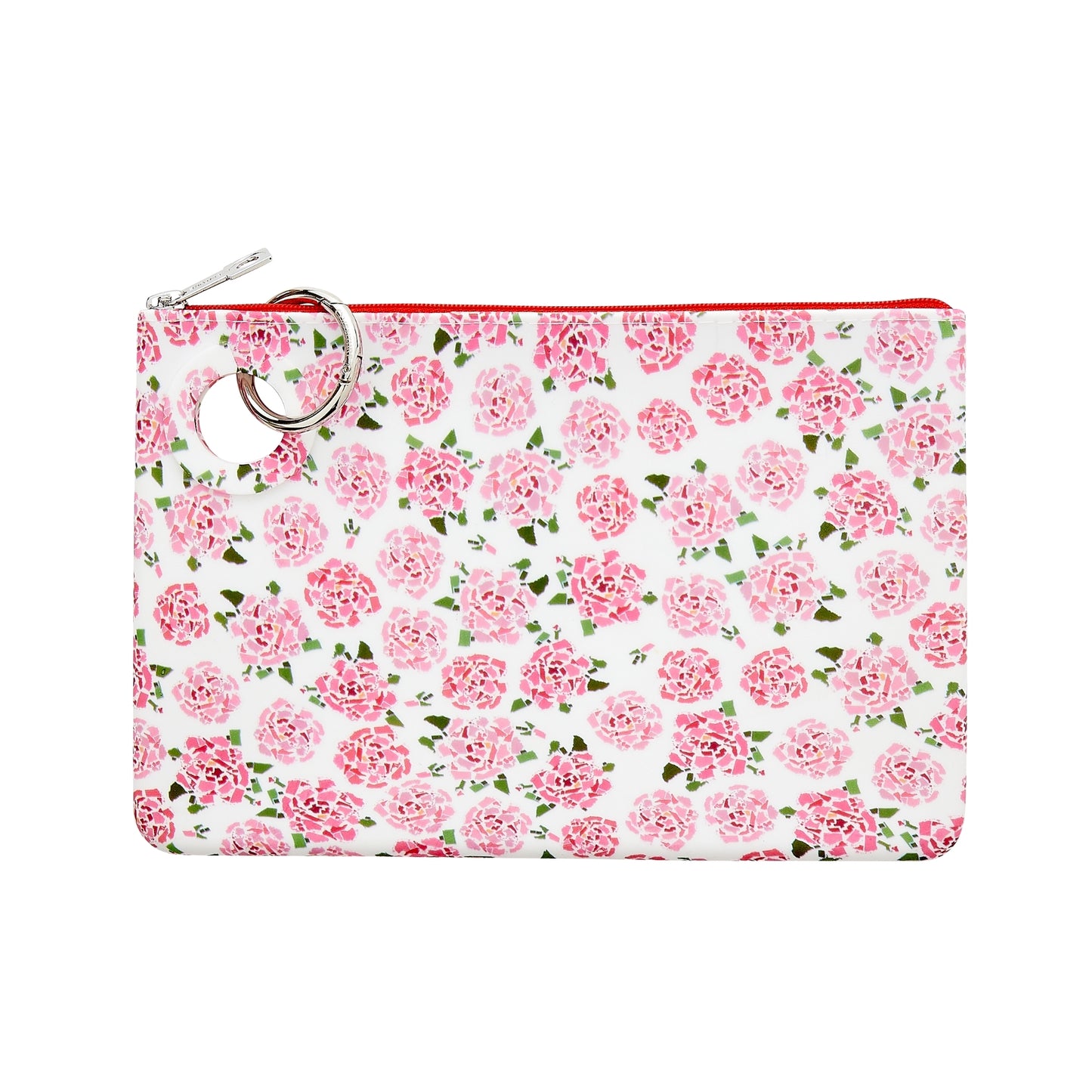 Large Silicone Pouch white background with pink peony print.  The peony is made up of the Fifty states shapes.
