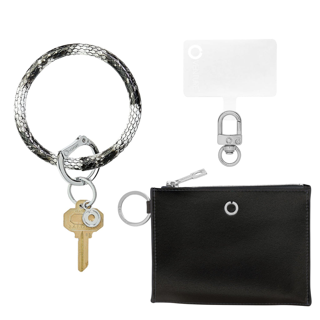 Leather Big O Key Ring in Tuxedo Snakeskin, Ossential wallet in back in black and phone hook me up connector