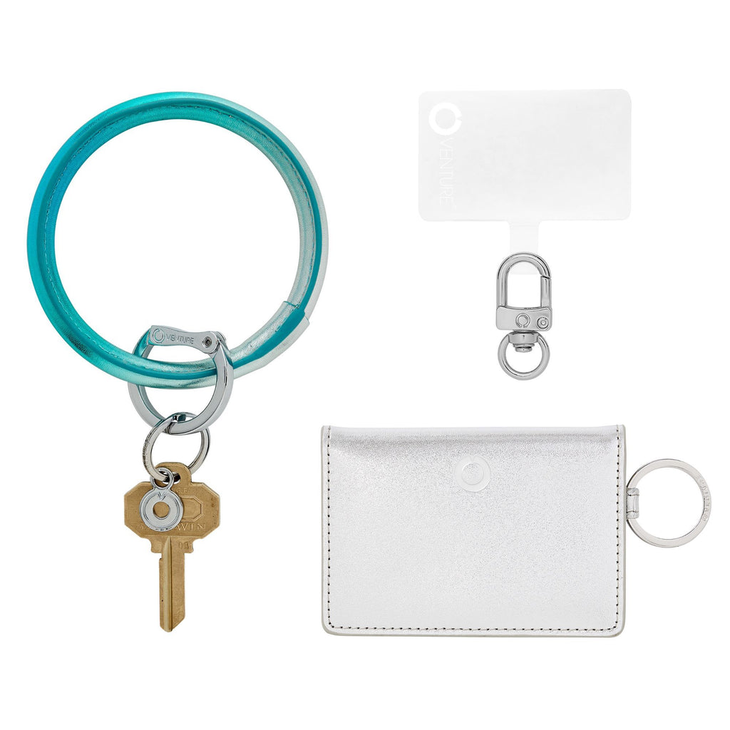 On The Rocks Leather bundle with big o keyring in ombre light blue with silver id case by oventure