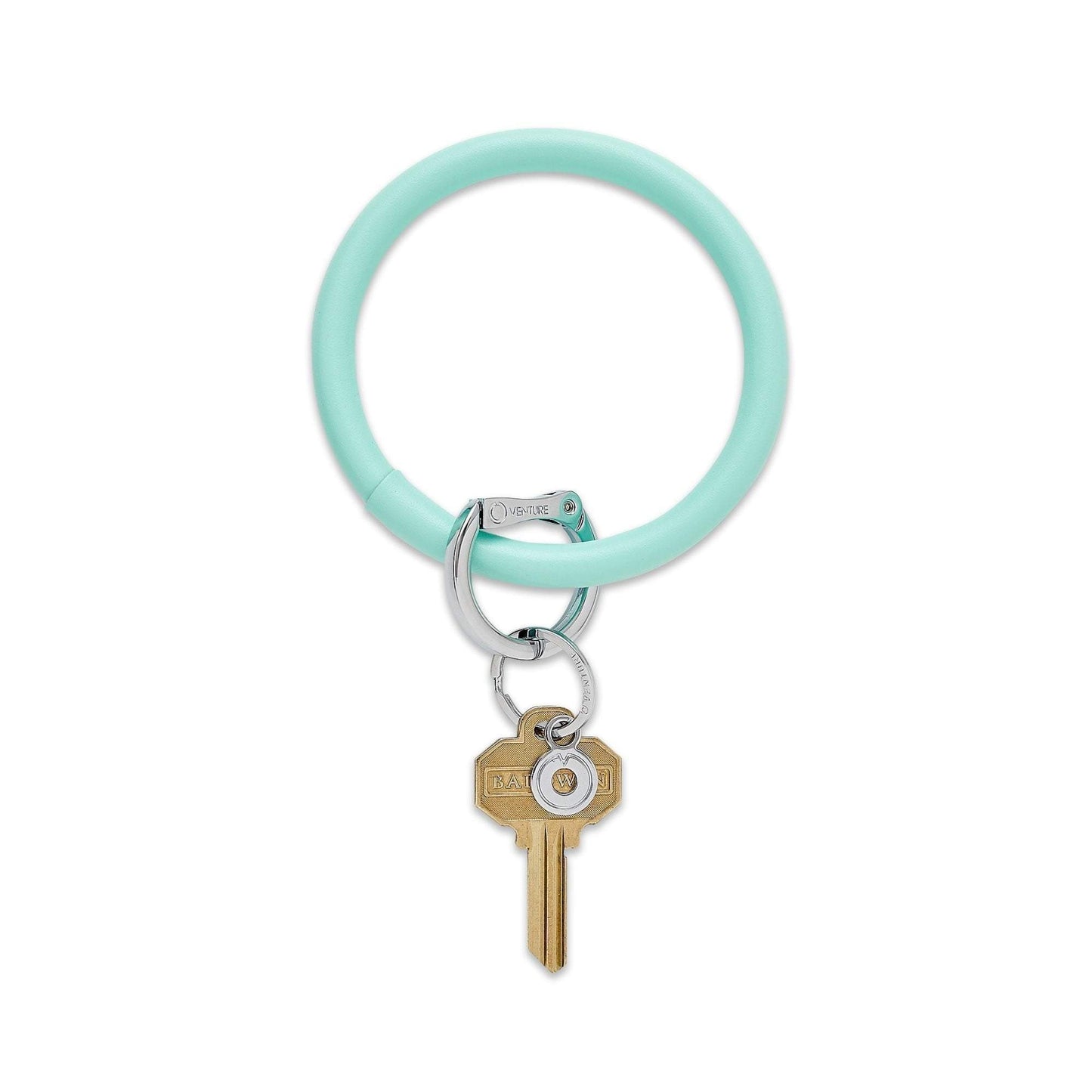 Mint green leather big O key ring with silver locking clasp