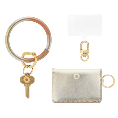 Mixed Metal Big O Keyring that goes from gold to rose gold to silver.  Gold id case  and phone connector included by Oventure