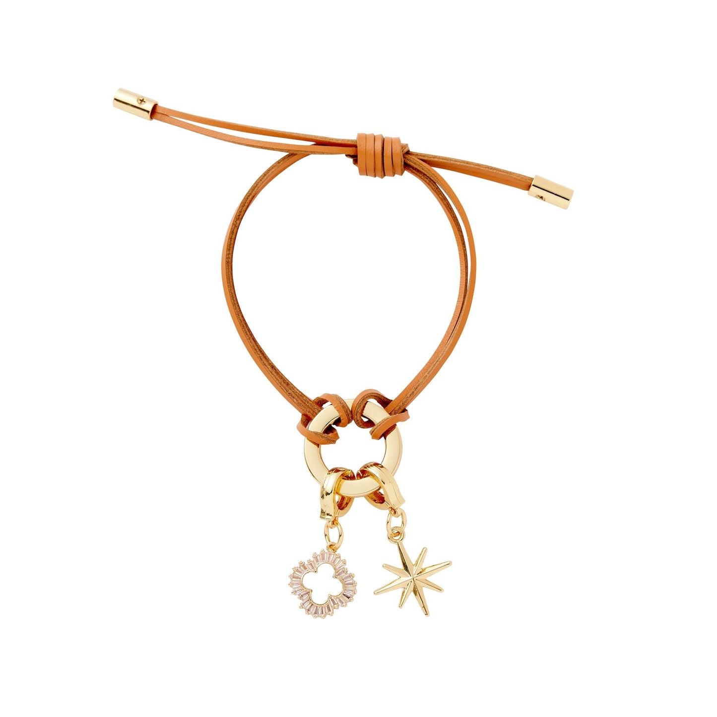 Bracelet with gold clasp and star-shaped charm on a white background