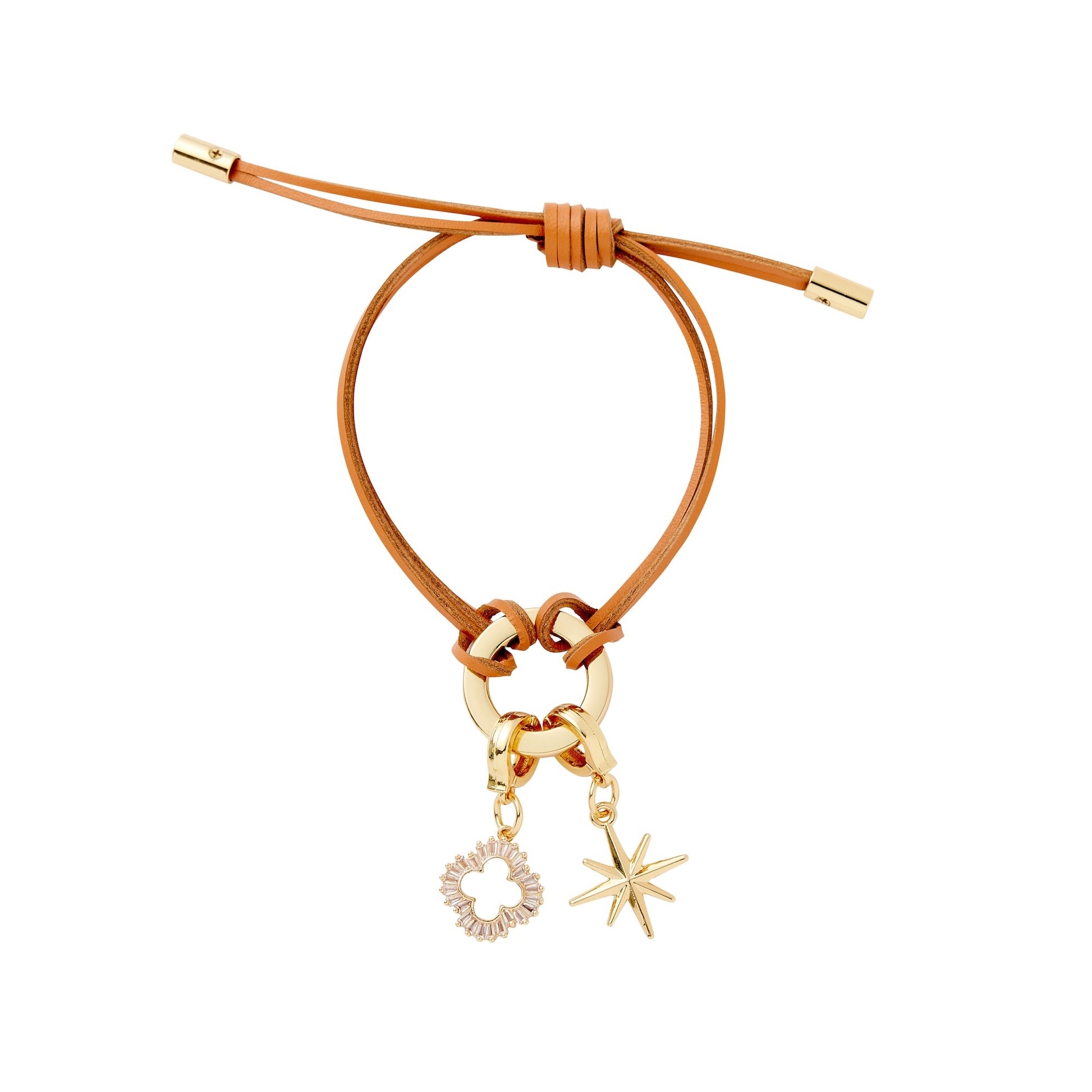 Bracelet with gold clasp and star-shaped charm on a white background