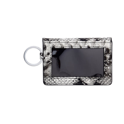 Black and white snakeskin embossed leather ID case showing clear slot for ID