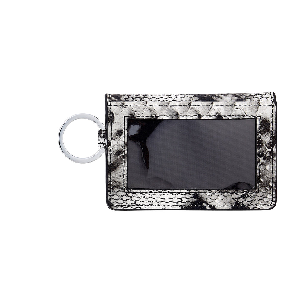 Black and white snakeskin embossed leather ID case showing clear slot for ID