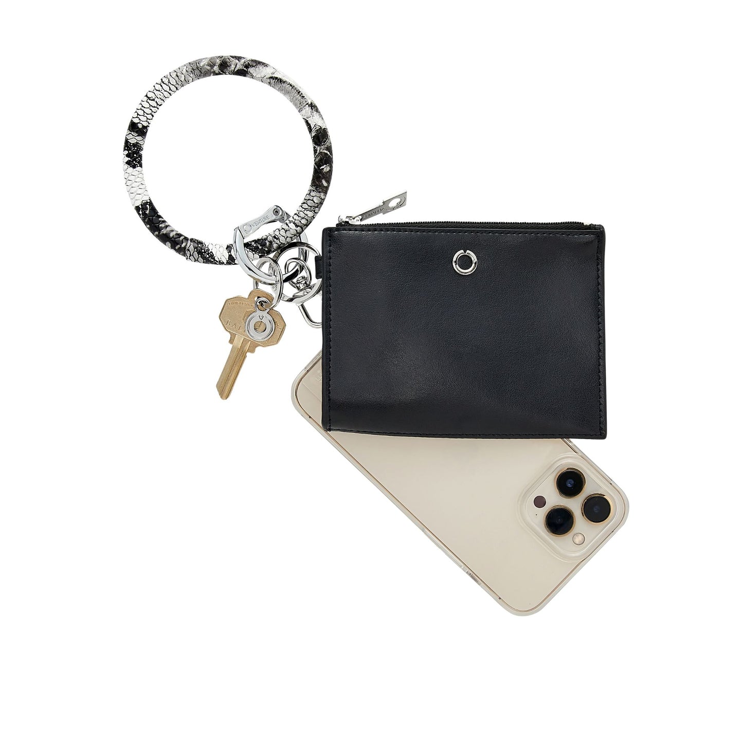 Leather Big O Key Ring in Tuxedo Snakeskin, Ossential wallet in back in black and phone hook me up with phone and keys attached
