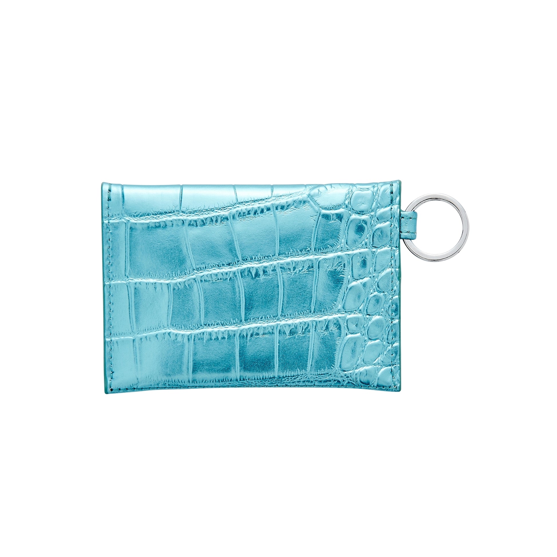 Metallic light blue croc embossed mini envelope with silver hardware showing the backside