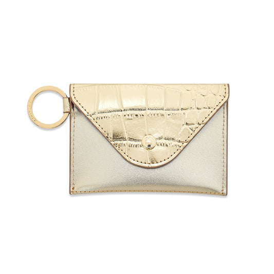 Stylish leather keychain wallet in mini envelope design shown in gold leather.