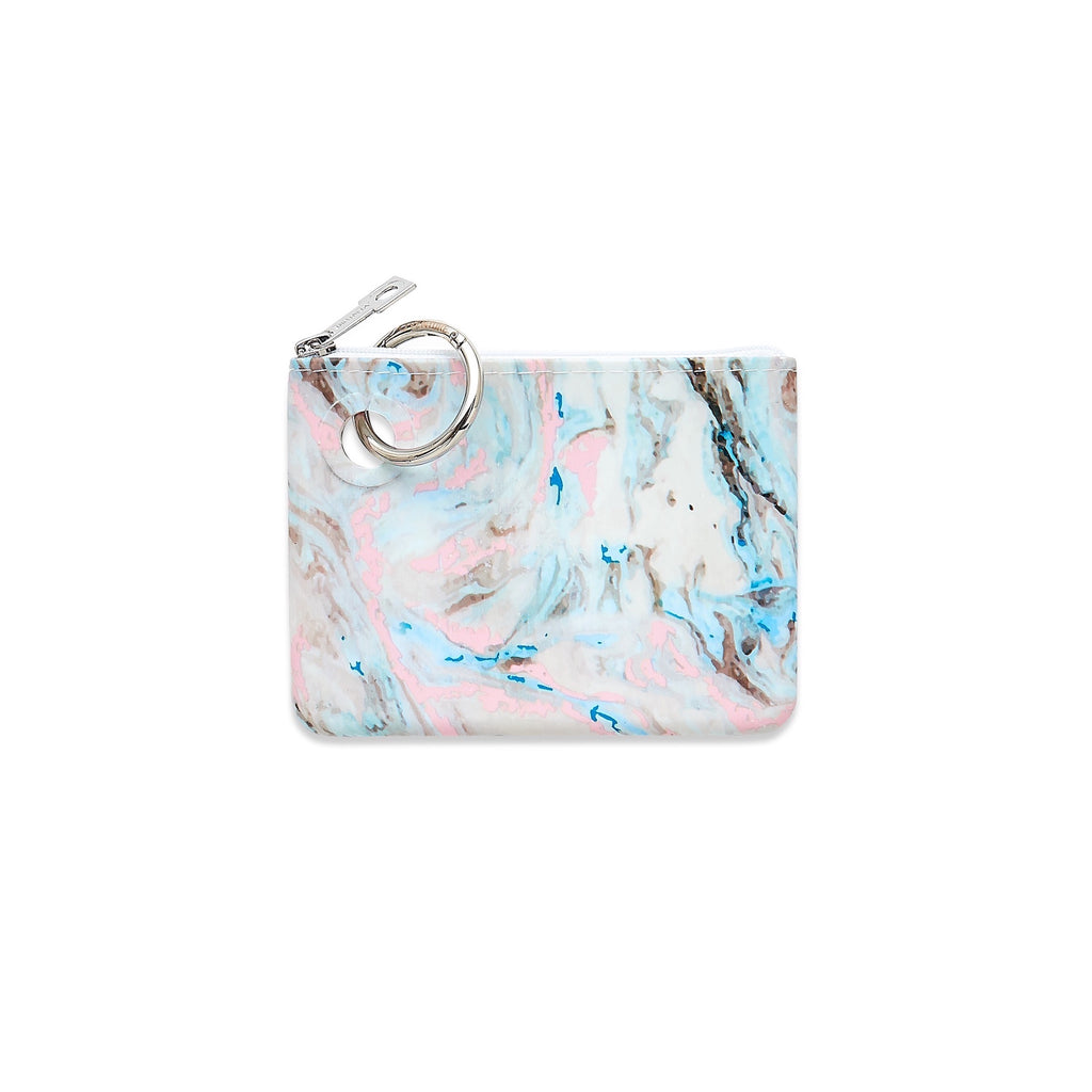Baby blue, light pink, off white marble swirl print mini silicone pouch