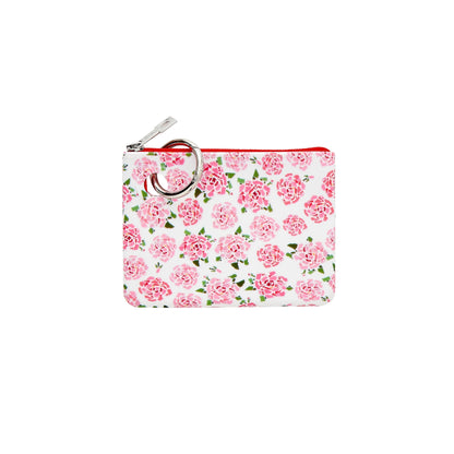 Mini Silicone Pouch in Pink Peony Print on white background.  The peonies are made up of fifty states shapes