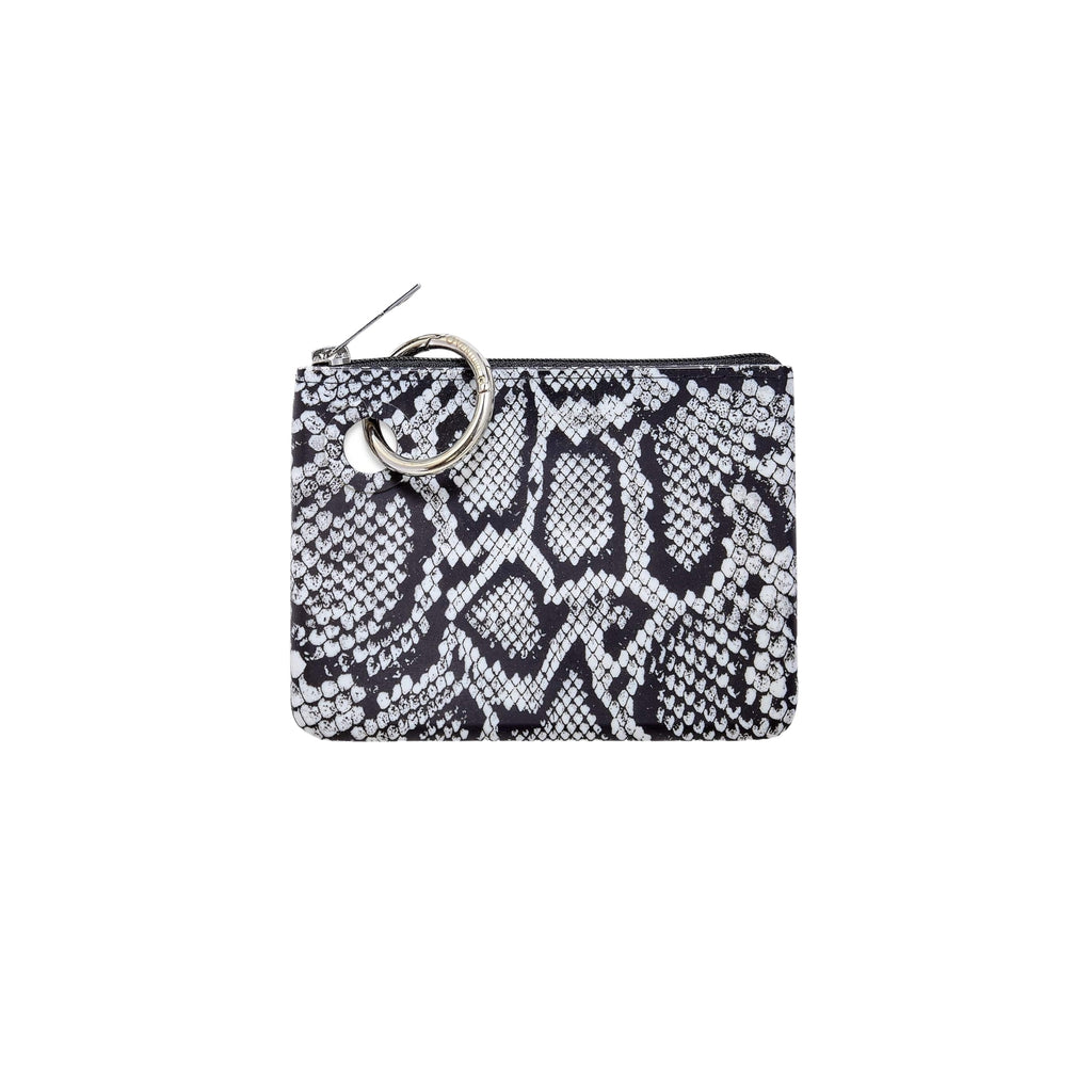 Black and white snakeskin print silicone mini pouch with silver hardware